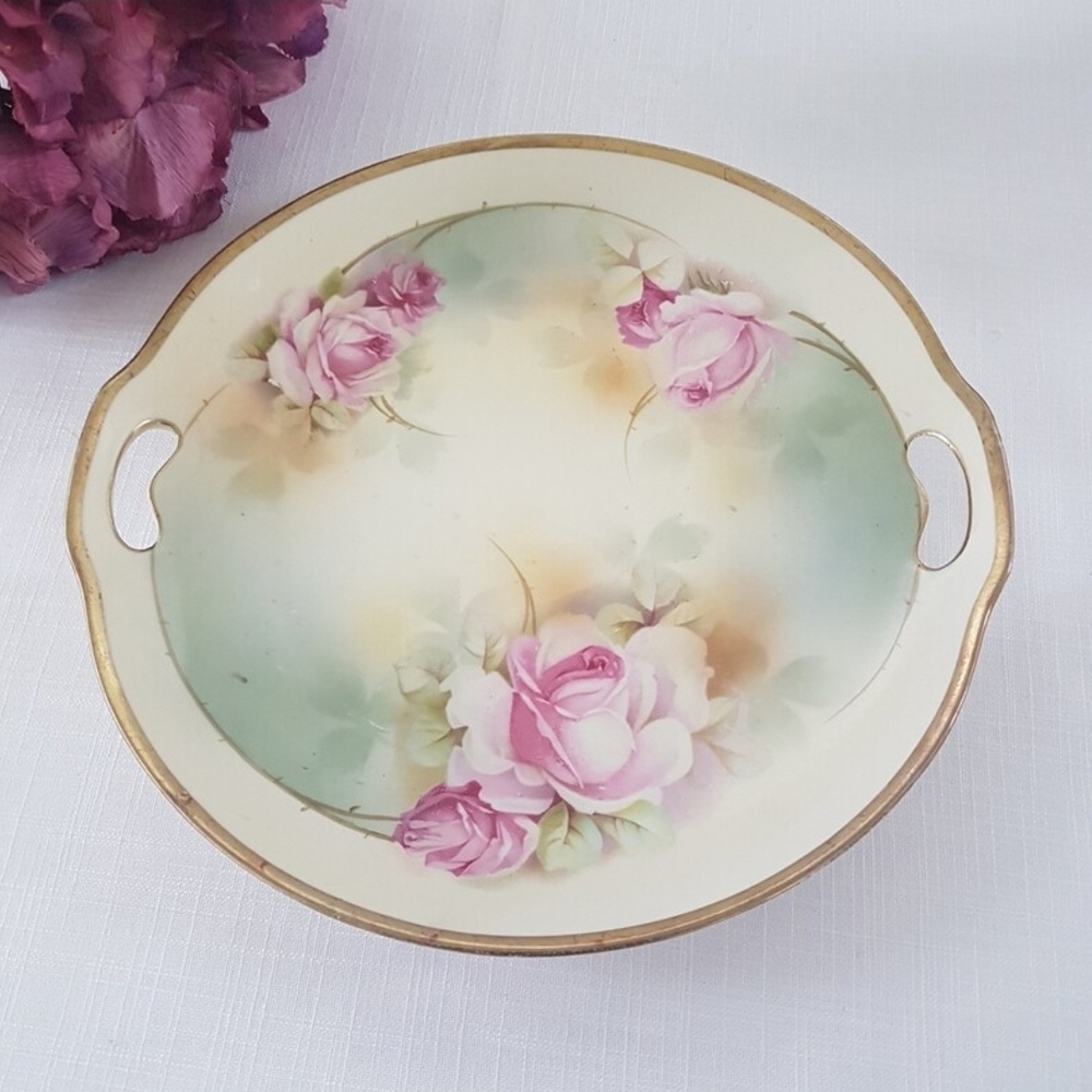 Erdmann Schlegelmilch Prussia Pink Rose Cake Plate - Hand Painted Porcelain